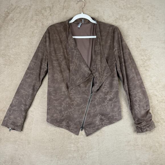 Womens Moto Jacket Size S Brown Asymmetrical Zip Faux Suede‎ Drape Lightweight - Picture 1 of 11